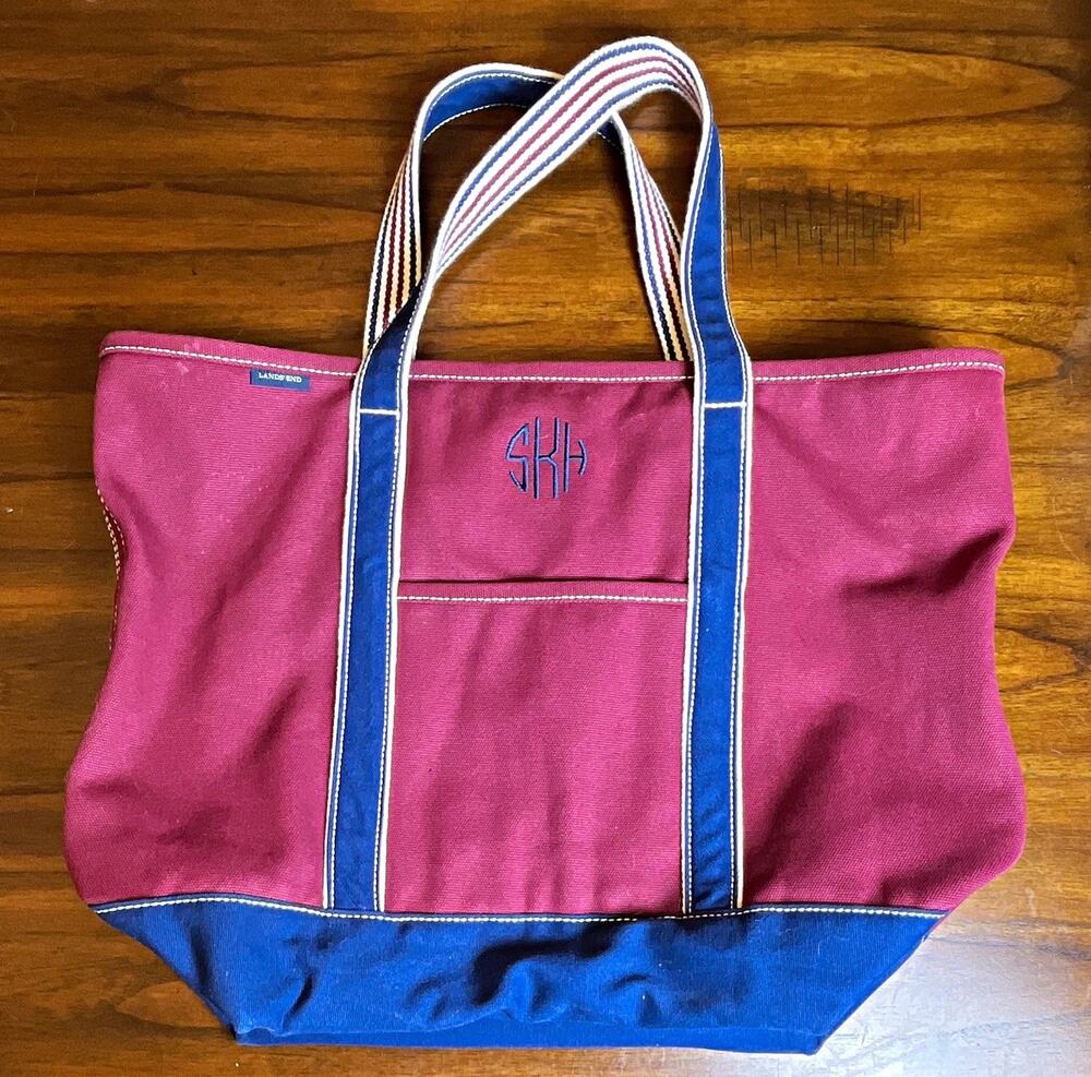 Lands' End Large Canvas Burgundy Navy Colorblock Tote Bag Monogram Inner Pockets